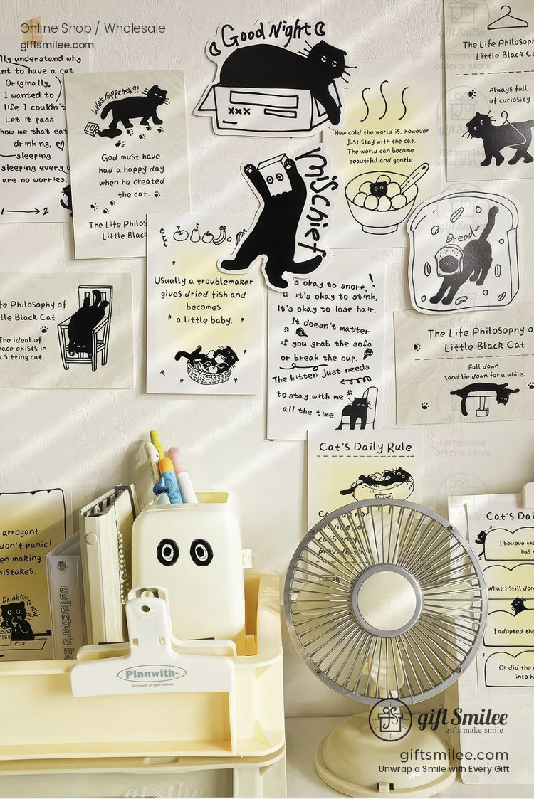 Matte Black‑And‑White Cat Illustrations Thick Cardstock Assorted Die‑Cut Rectangular 4C Printing Postcard Set | KS-CC-273