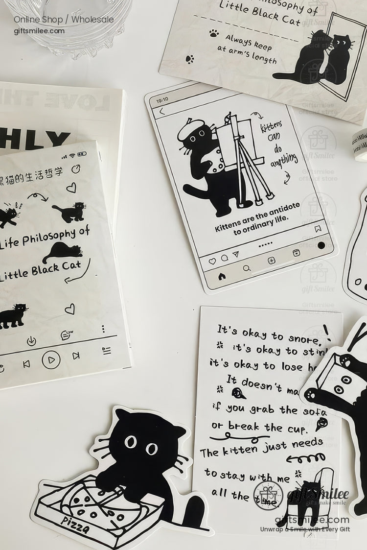 Matte Black‑And‑White Cat Illustrations Thick Cardstock Assorted Die‑Cut Rectangular 4C Printing Postcard Set | KS-CC-273