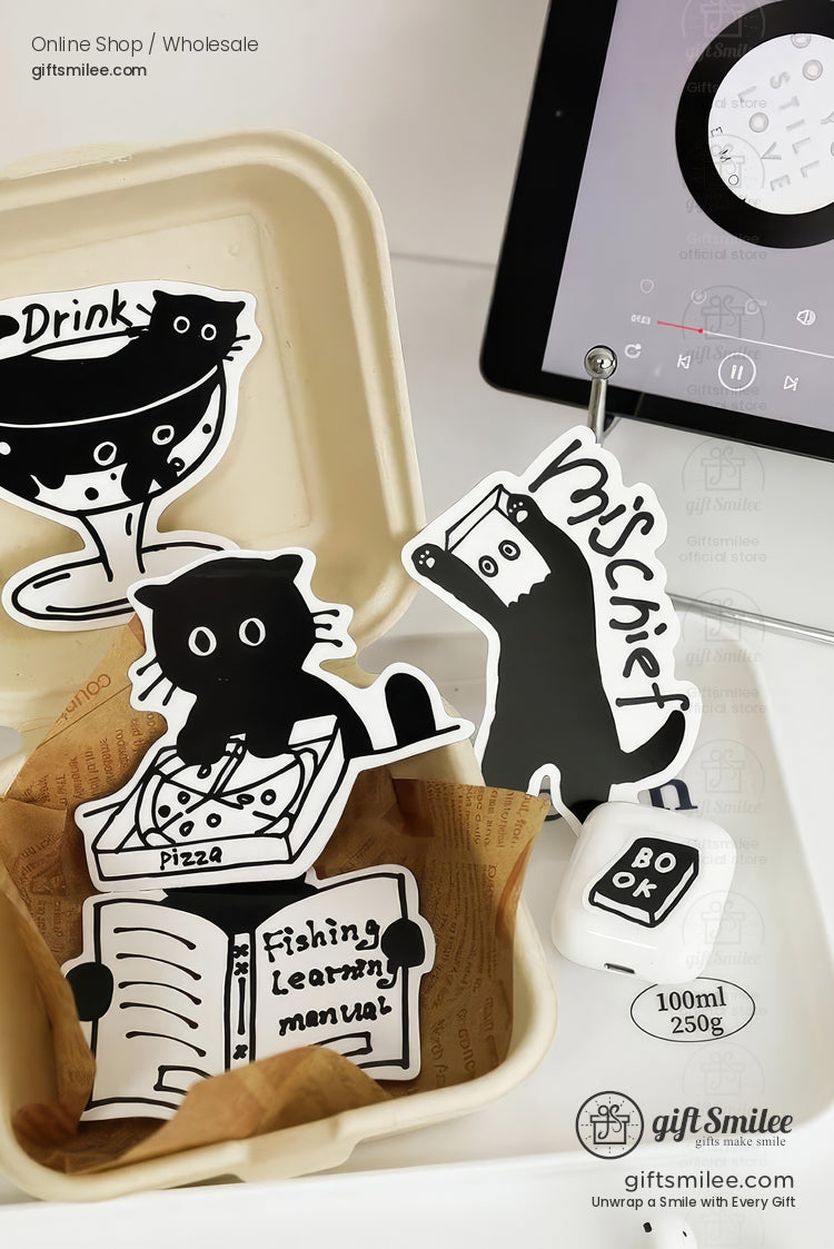 Matte Black‑And‑White Cat Illustrations Thick Cardstock Assorted Die‑Cut Rectangular 4C Printing Postcard Set | KS-CC-273