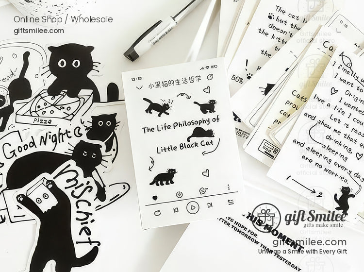 Matte Black‑And‑White Cat Illustrations Thick Cardstock Assorted Die‑Cut Rectangular 4C Printing Postcard Set | KS-CC-273