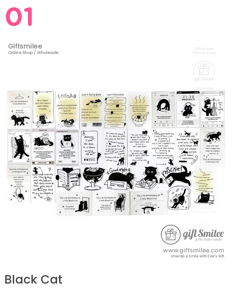 Matte Black‑And‑White Cat Illustrations Thick Cardstock Assorted Die‑Cut Rectangular 4C Printing Postcard Set | KS-CC-273