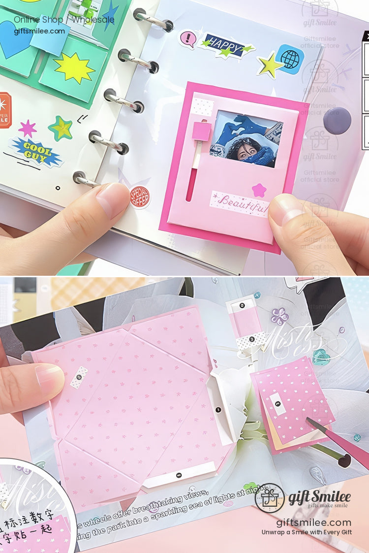 Pastel scrapbook kit with pink photo frame pop‑up and decorative stickers in a ring binder.