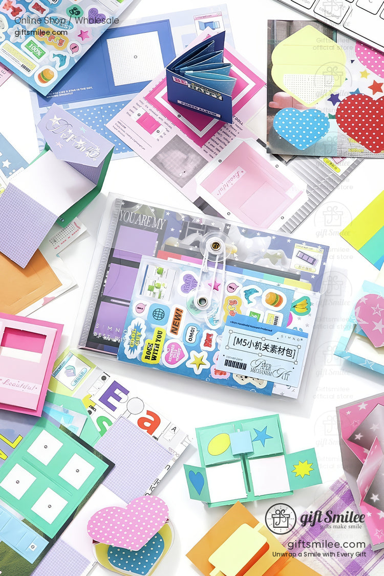 Pastel DIY scrapbook kit with pink mini photo frame and pull-tab elements