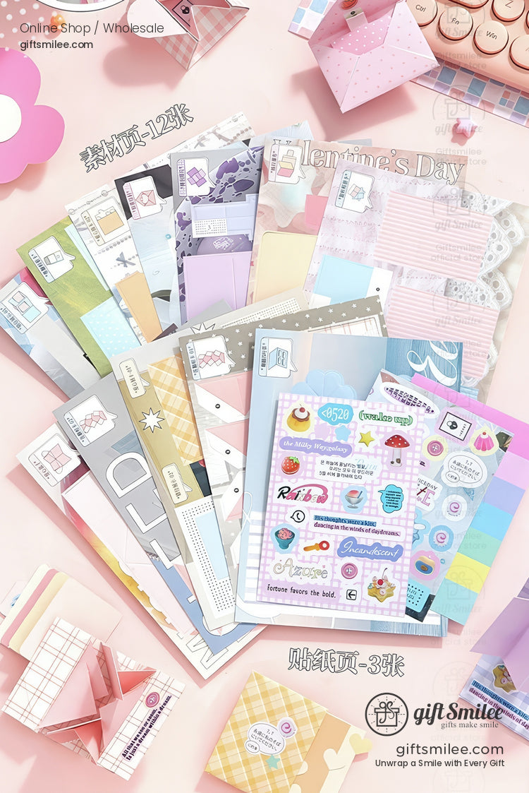 Pastel scrapbook album with interactive pink mini photo frame and stickers being assembled by hand
