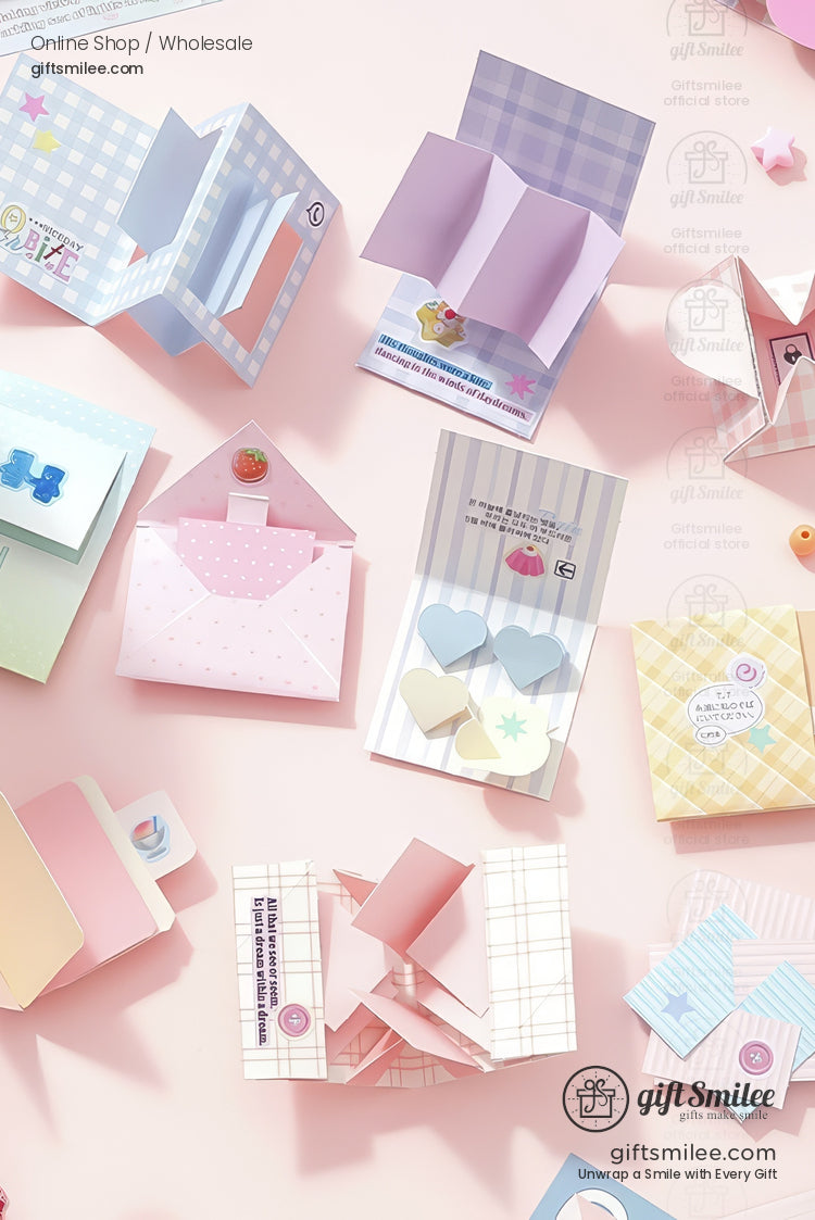 DIY pop-up greeting card kit with pastel foldable inserts and heart shapes on a white background