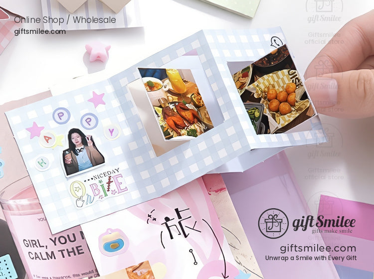 Pastel pop-up scrapbook card kit with heart and star designs, DIY photo album accessories flat lay