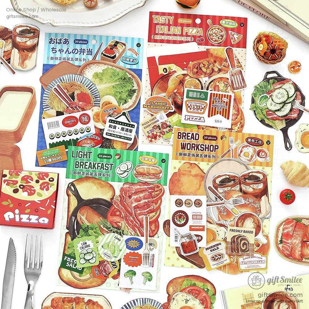 Japanese food-themed scrapbook stickers set displayed in a planner, ramen and sushi designs