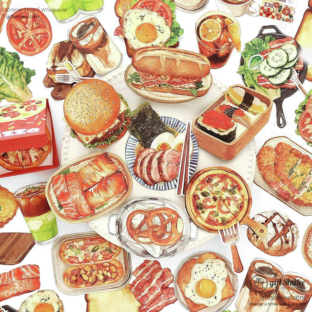 Food-themed sticker set displayed in a journal, featuring sushi, ramen, and bento designs