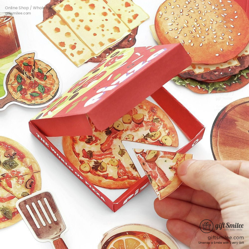 Pizza-themed sticky notes and paper stickers set with mini red pizza box and slice cutouts
