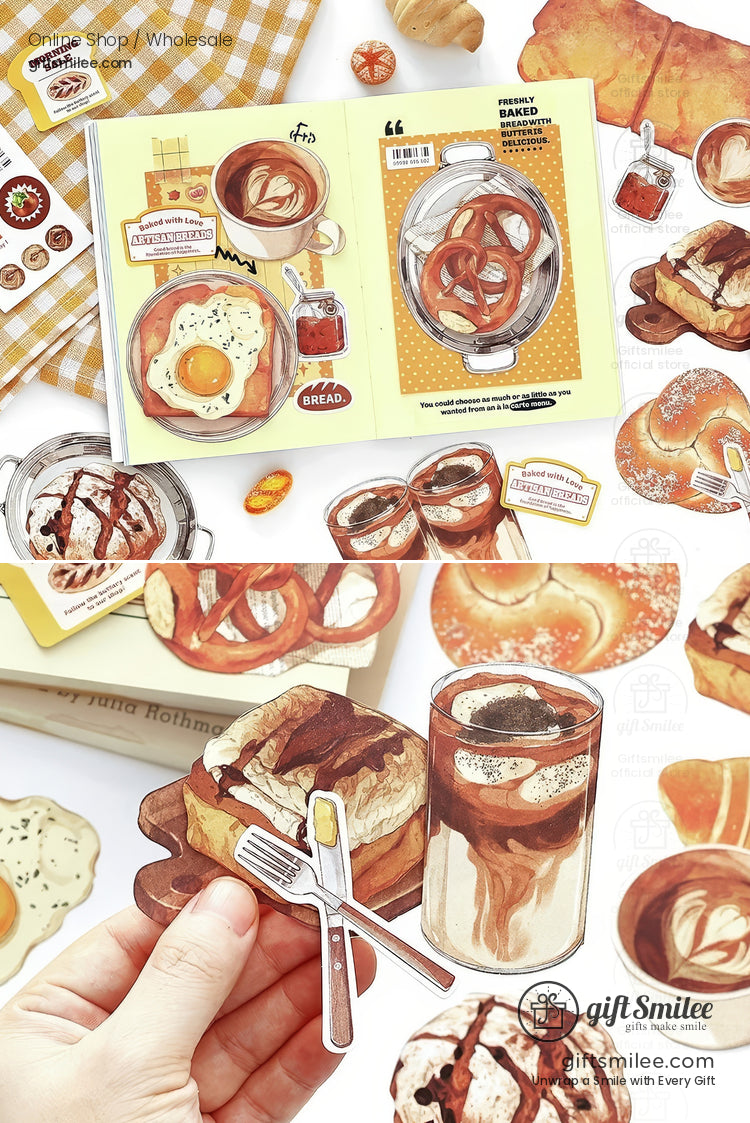 Cute food-themed scrapbook stickers with pastries, toast, coffee, and bento designs laid out on a journal