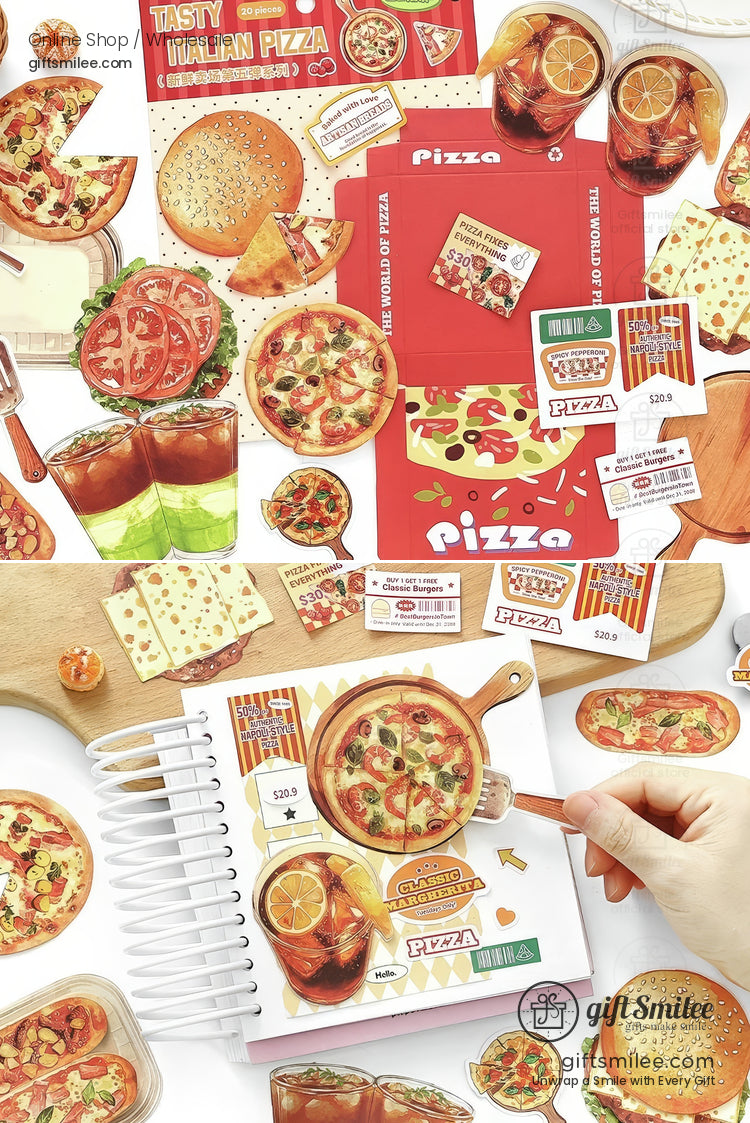 Food-themed scrapbook stickers with breakfast pastries and coffee illustrations
