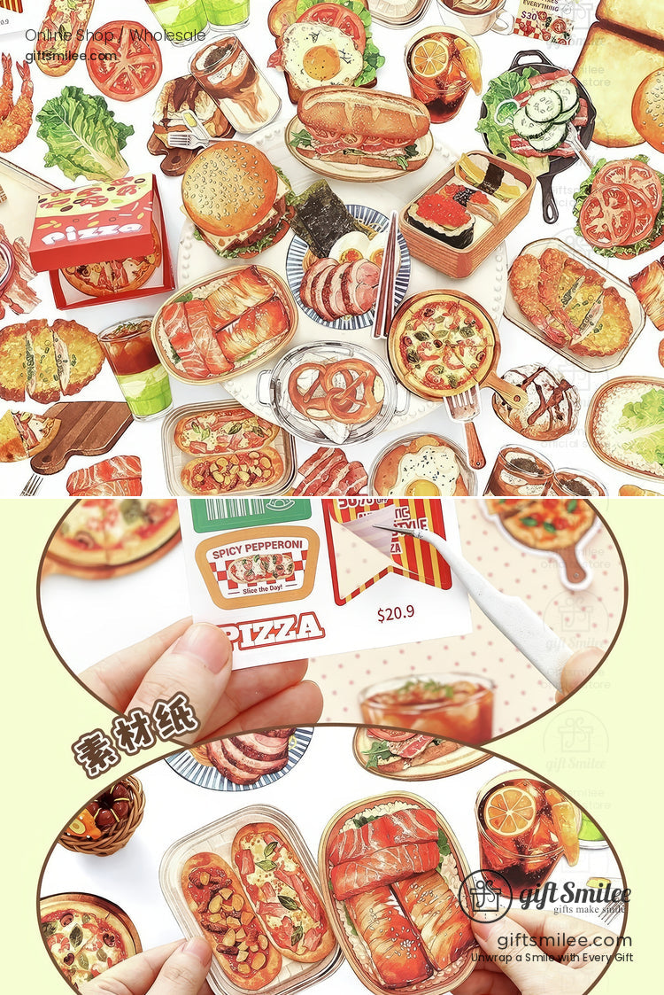 Food-themed scrapbook stickers with bread, pastries, and coffee arranged around an open planner  