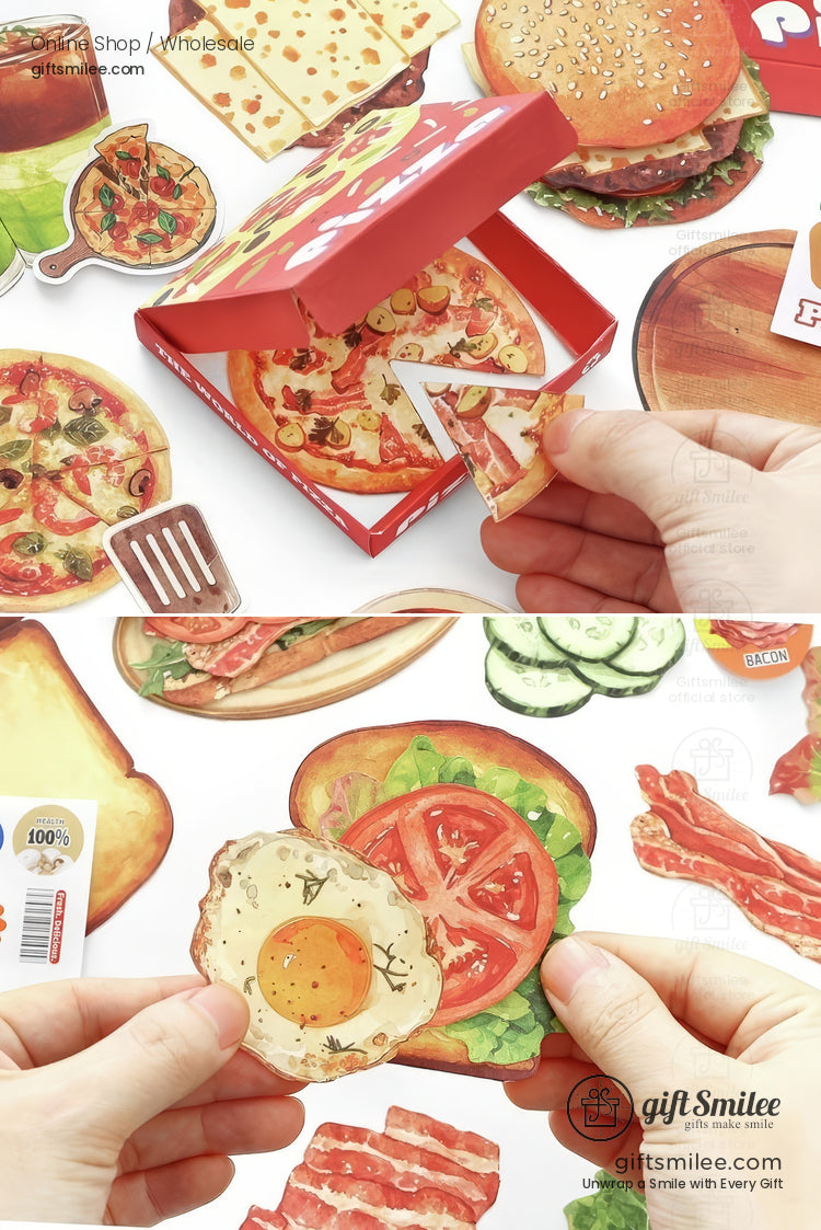 Food-themed scrapbook stickers with bread, pastries, coffee, and bento designs arranged around an open planner.