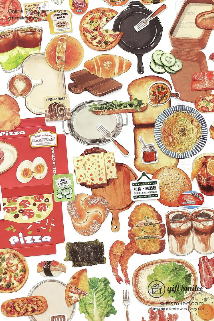 Vintage-style food stationery stickers and journal spread with sushi bento and breakfast illustrations  