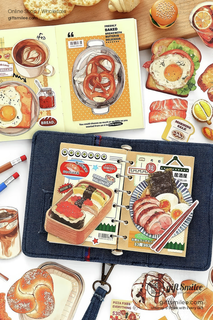 Food-themed scrapbook stickers and journal spread featuring bread, pastries, and drinks  
