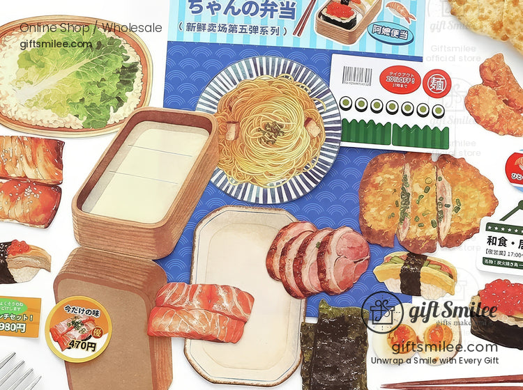 Food-themed scrapbook stickers and diary spread featuring sushi, ramen, breads, and desserts