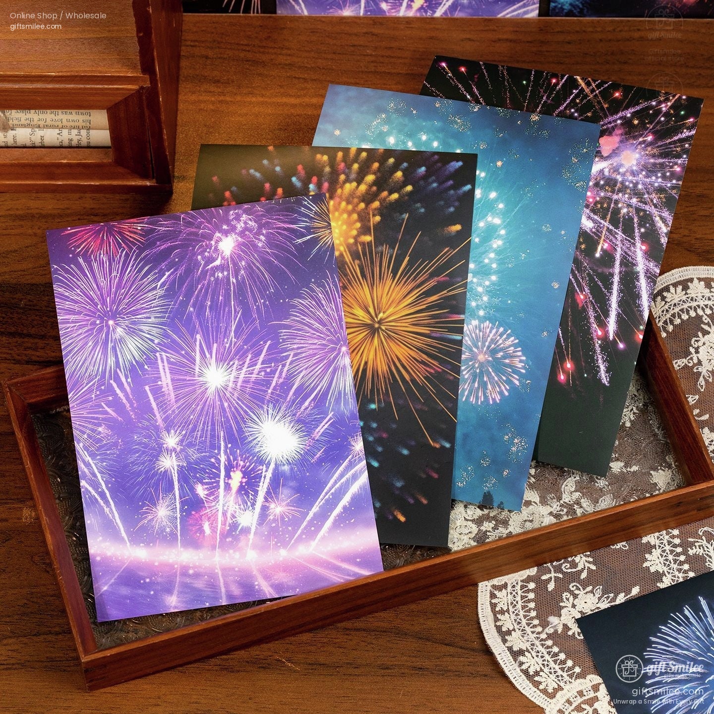 Fireworks-themed decorative paper sheets comparison—matte translucent vs glossy cardstock
