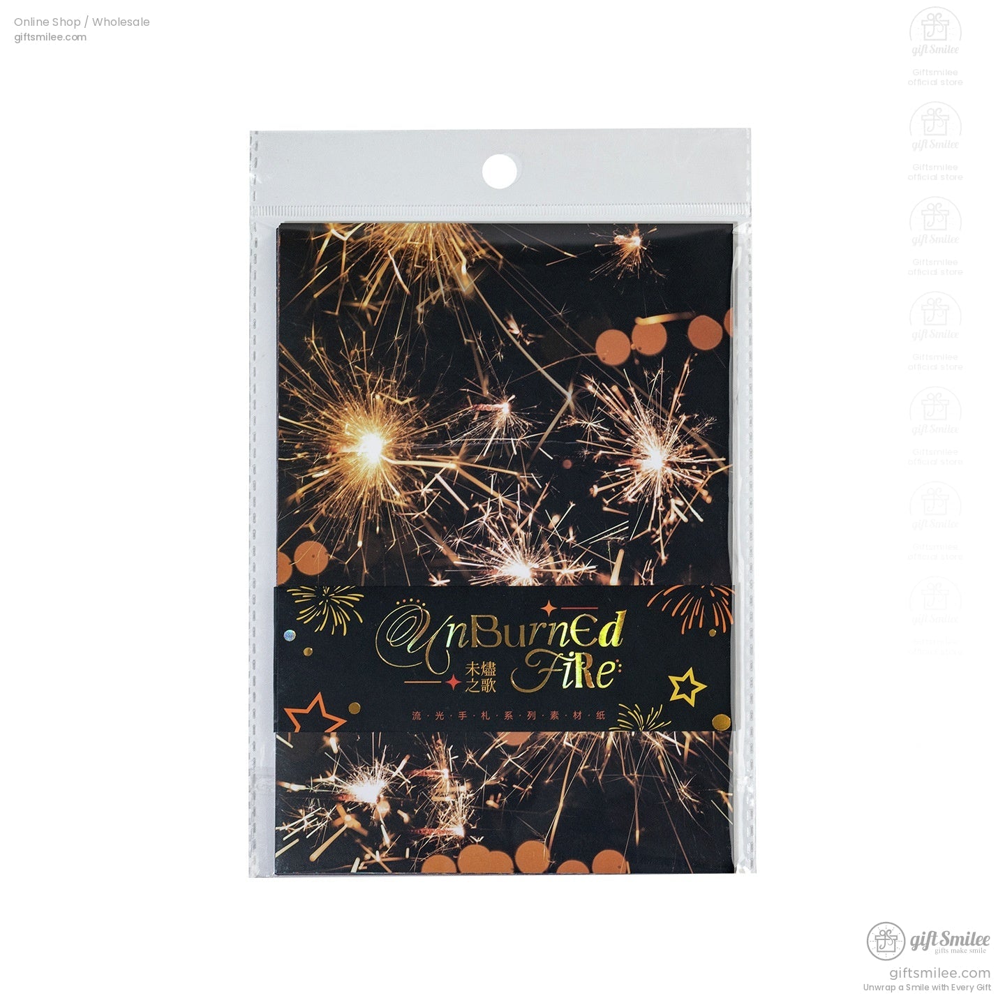 Fireworks-themed decorative paper sheets comparing matte and glossy finishes held by hand  