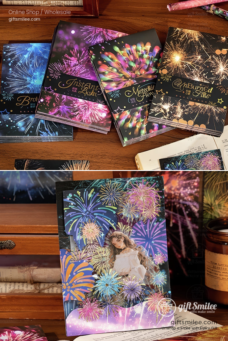 Colorful fireworks postcard set on a wooden desk — “Broken Stars” design stationery