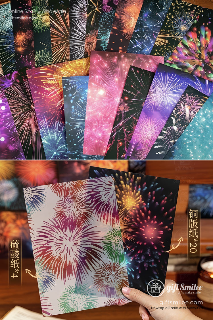 Fireworks-themed stationery set with vibrant postcard designs on a wooden desk
