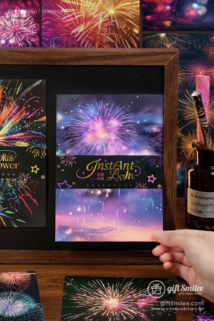 Fireworks-themed stationery set with vibrant postcard designs on a desk  