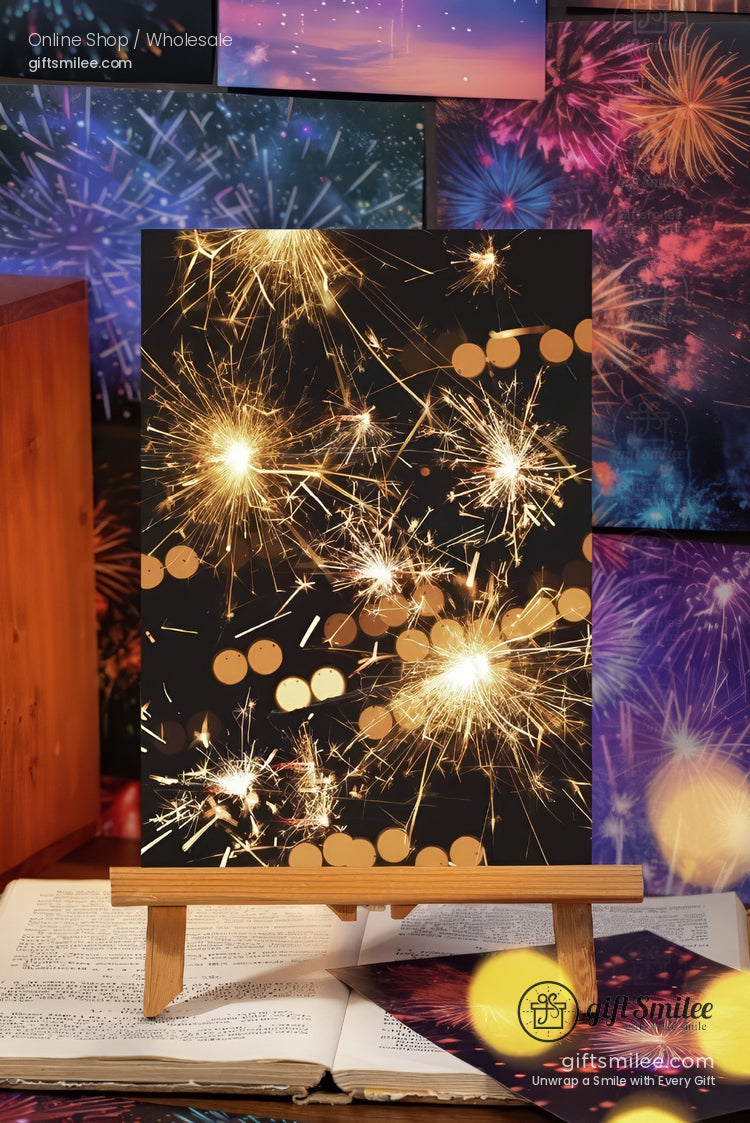 Fireworks-themed postcard set on desk – “Broken Stars” collection stationery