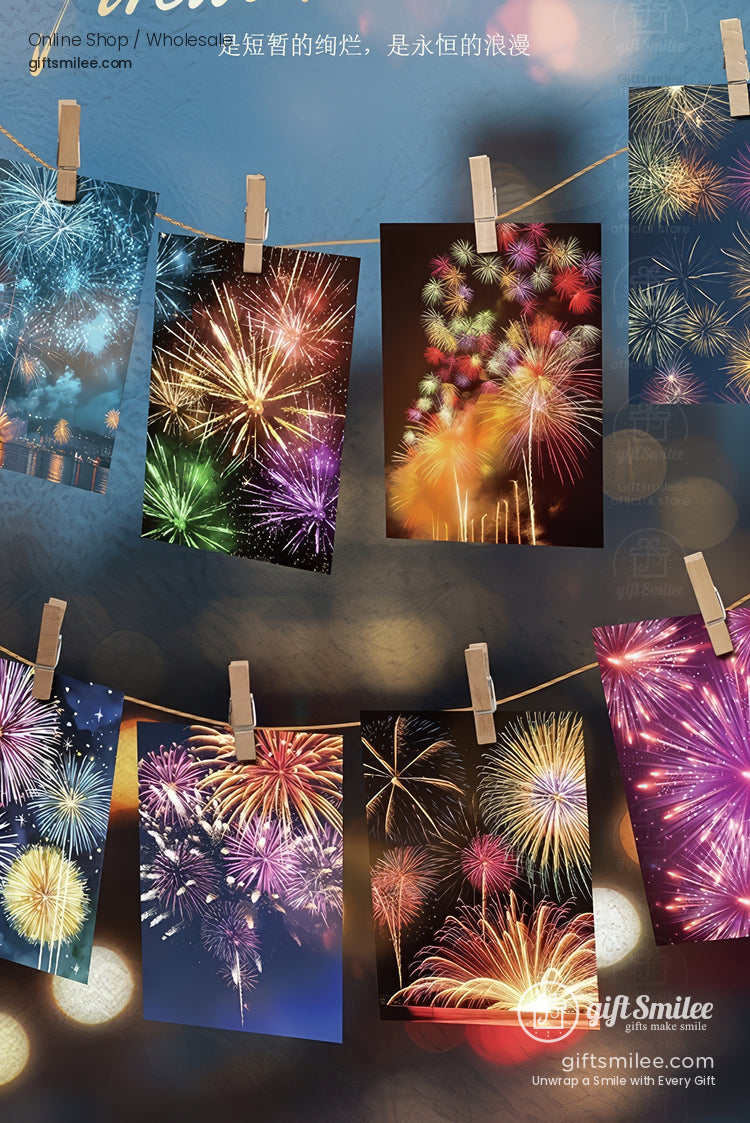 Fireworks-themed postcard set on desk – “Broken Stars” design, colorful night sky bursts.