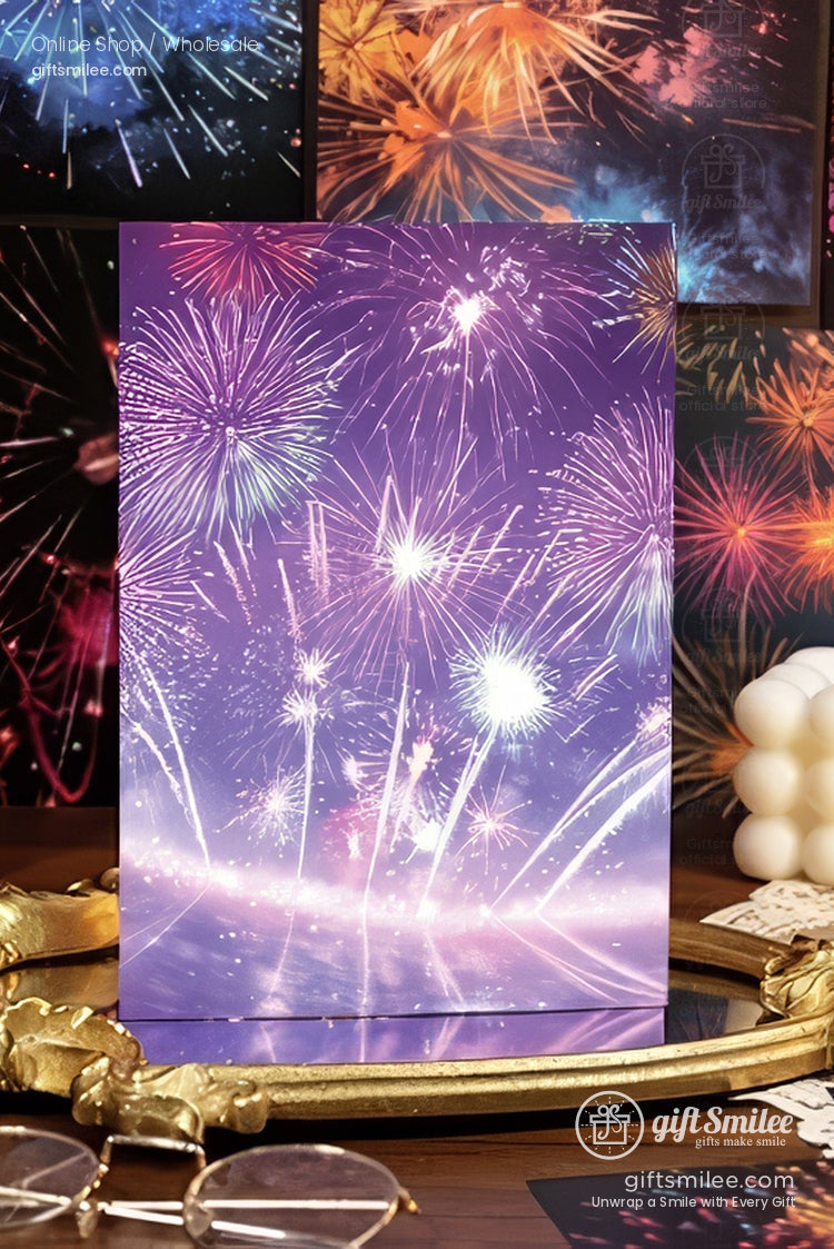 Fireworks-themed stationery set with colorful night-sky postcard designs on a desk