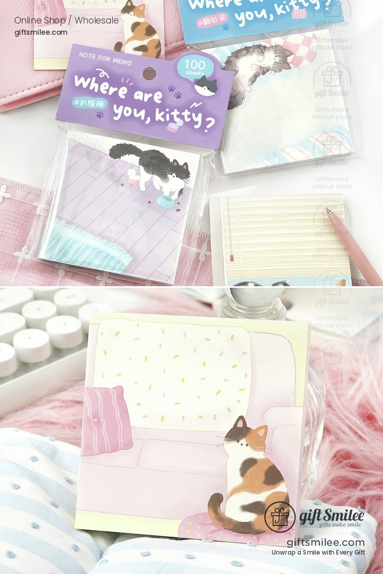 Pastel sticky notes with cat illustrations featuring calico and blackandwhite cats on cozy furniturethemed backgrounds