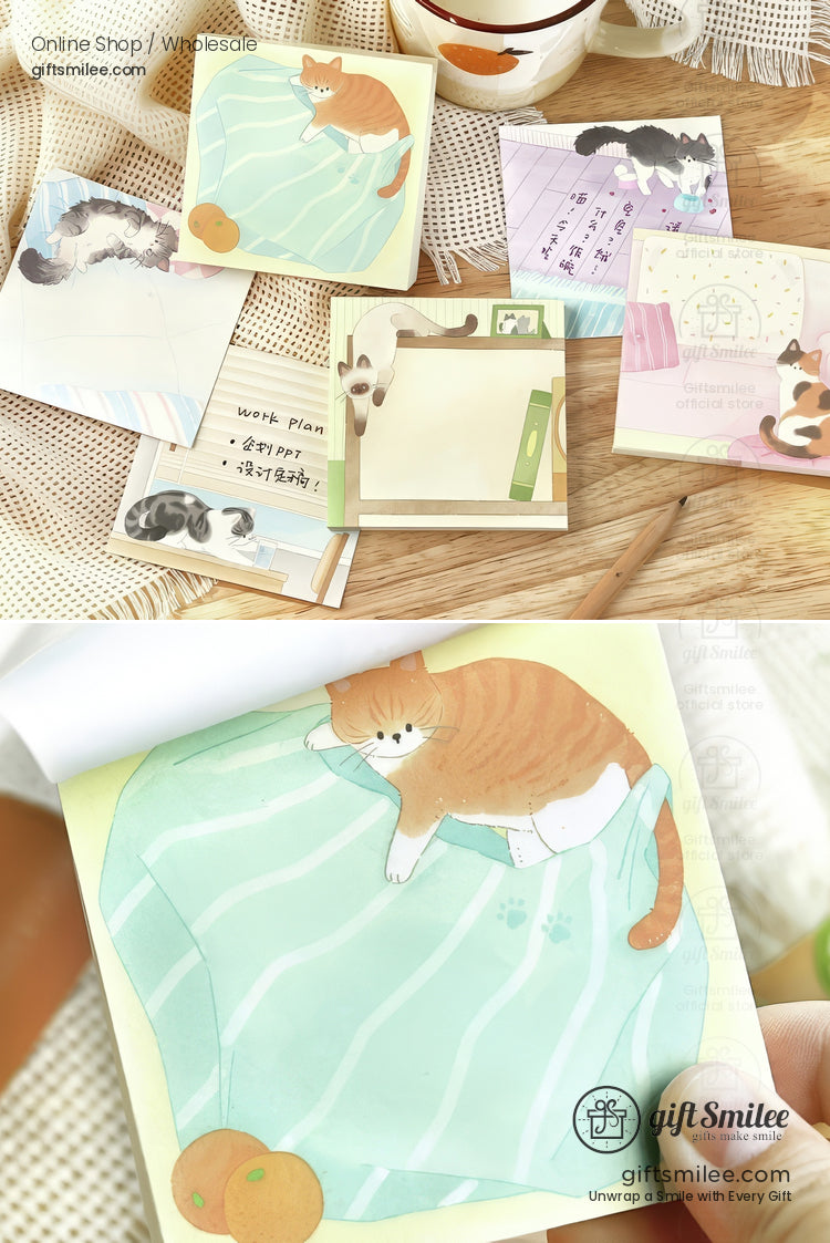 Assorted pastel sticky notes with playful cat illustrations on cozy backdrops perfect for planners or reminders