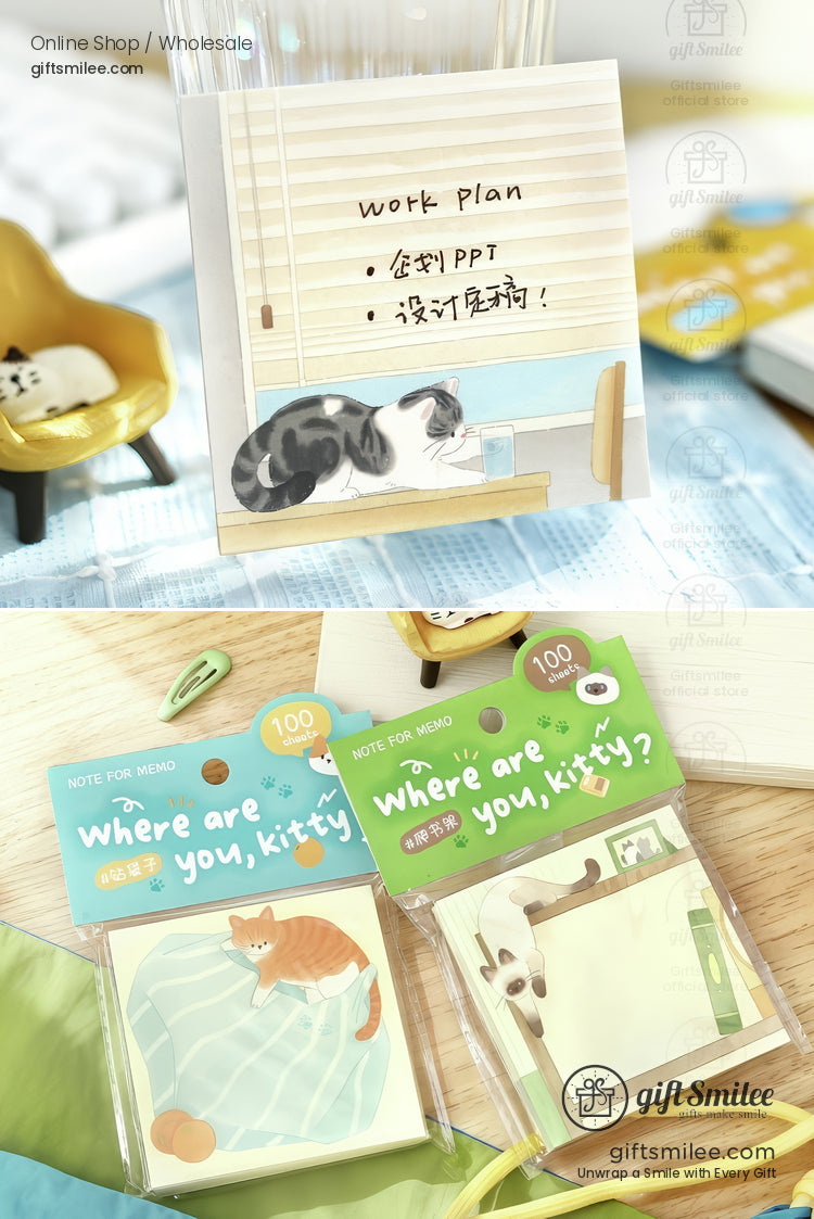 Catthemed sticky notes and memo pad set with playful illustrations pastel colors and a cozy design aesthetic