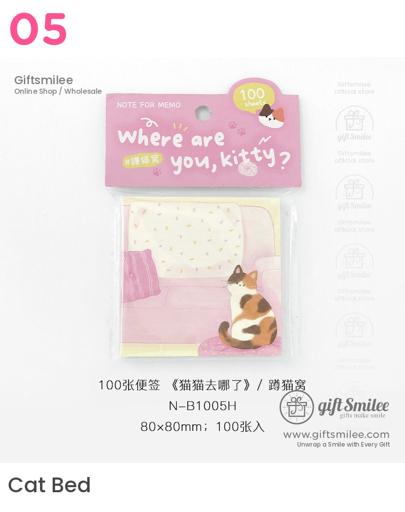 Pink and white memo pad with a calico cat design polka dot couch and Where are you kitty text 100 sheets