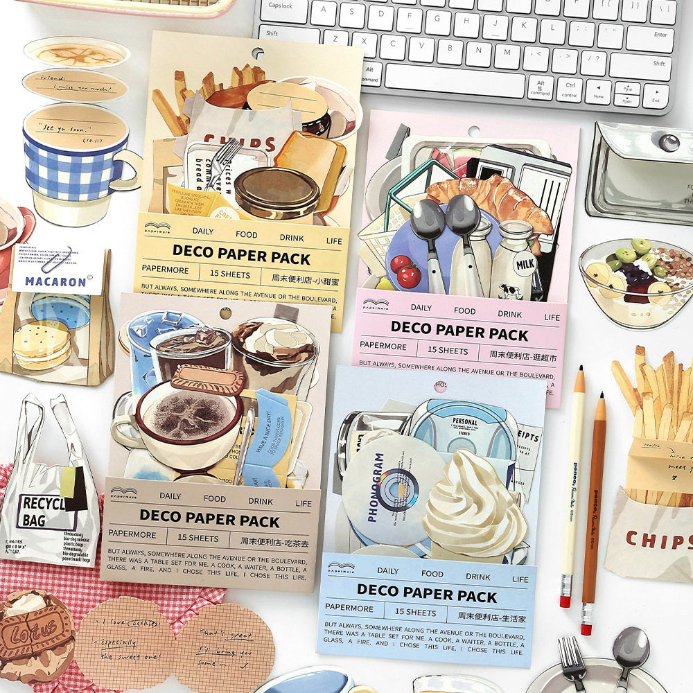 Assorted decorative paper packs with foodthemed designs including coffee pastries utensils and vibrant packaging