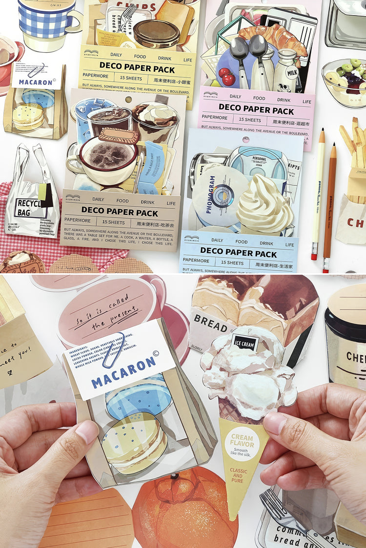 Assorted decorative paper packs with food illustrations including macarons desserts and utensils in pastel tones