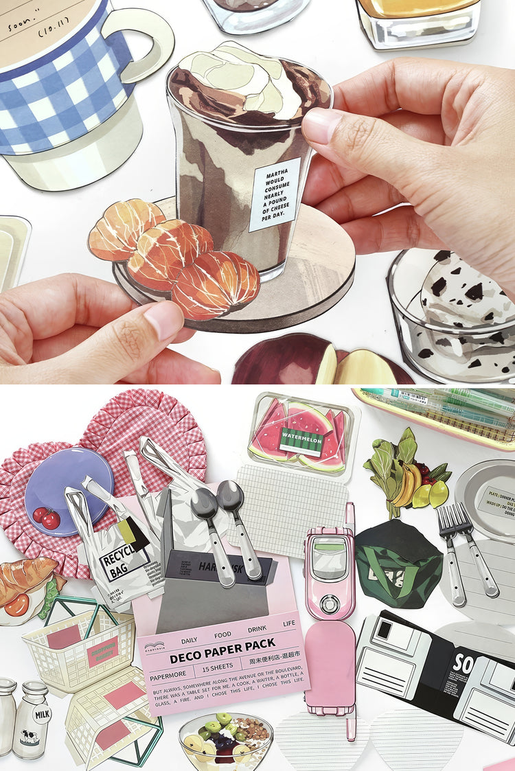 Assorted colorful paper stickers of desserts utensils and groceries featuring detailed illustrations and vibrant designs