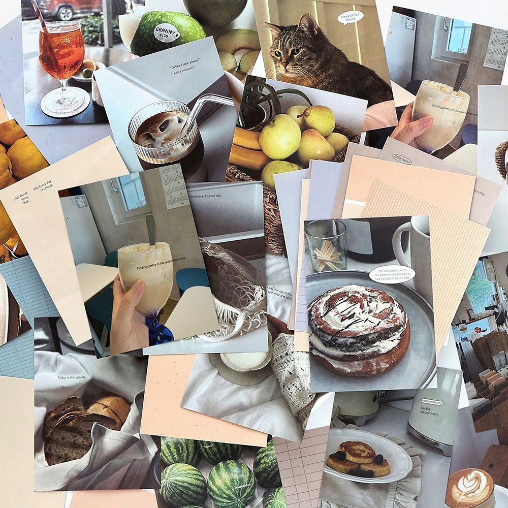 Collage of pasteltoned photos showing desserts fruits drinks a cat and cozy interiors creating a warm inviting aesthetic