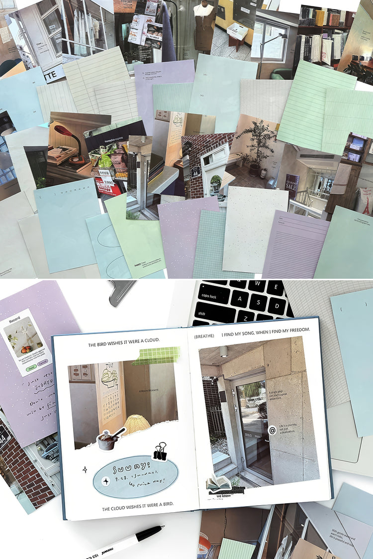 Assorted pastel and neutral stationery with photos gridpatterned papers journals and a keyboard for a creative workspace