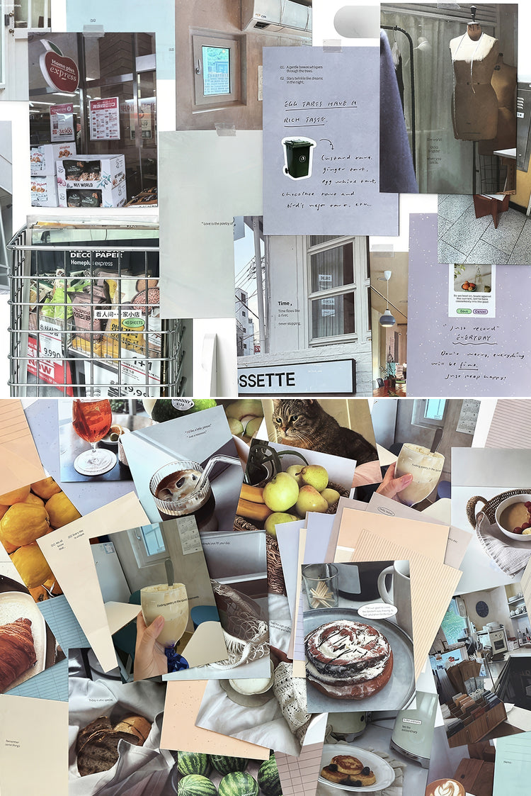Collage of pasteltoned lifestyle images showcasing baked goods beverages clothing storefronts and handwritten notes