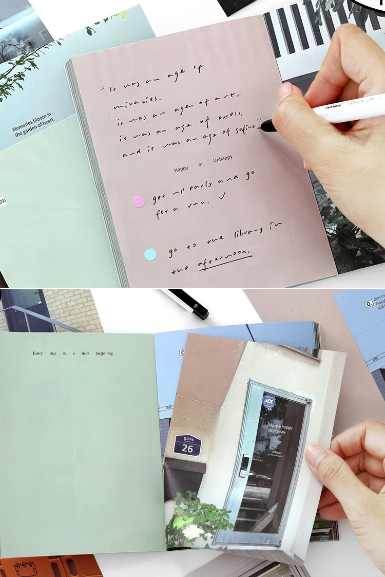 Pasteltoned journal with handwritten notes soft pink and green pages minimalist design and photographic details