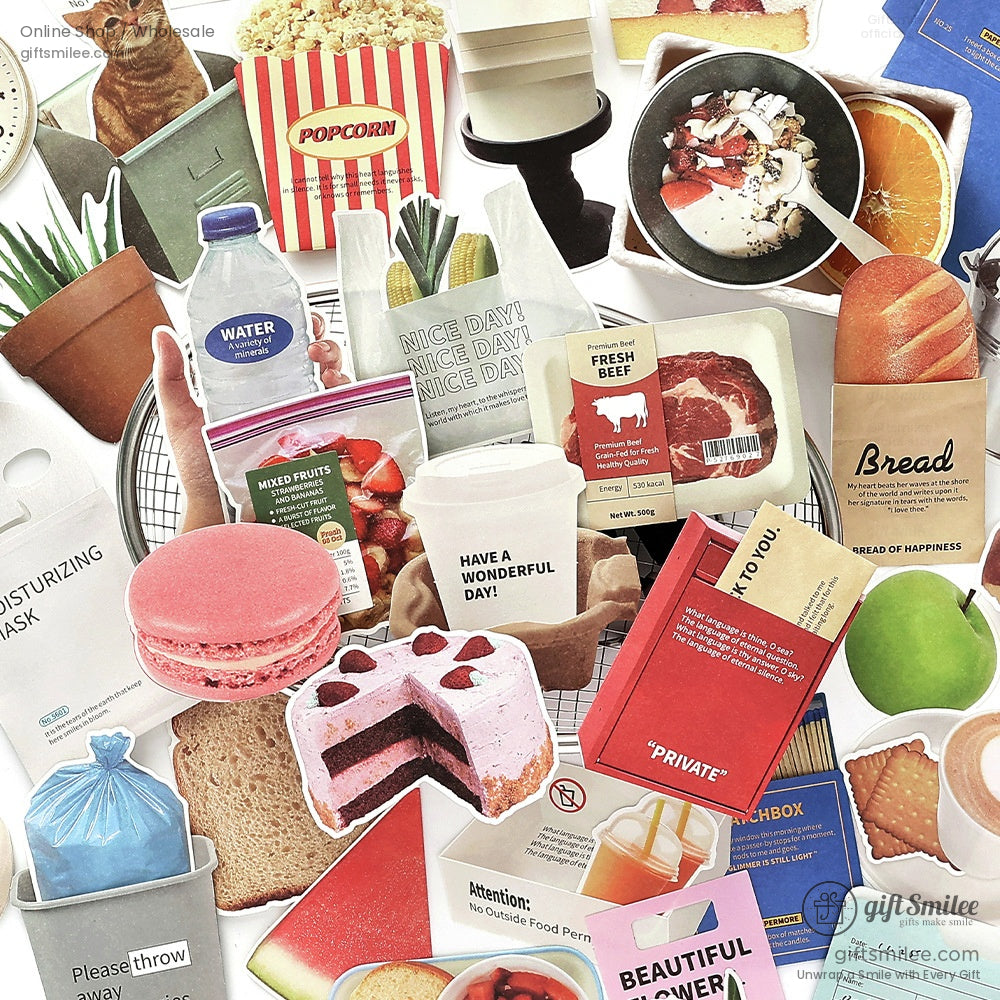 Assorted colorful food and packaging stickers including popcorn pink macaron fresh beef bread and fruit designs