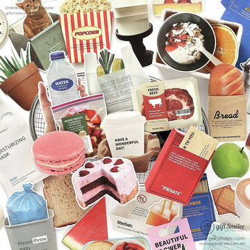 Assorted colorful food and packaging stickers including popcorn pink macaron fresh beef bread and fruit designs