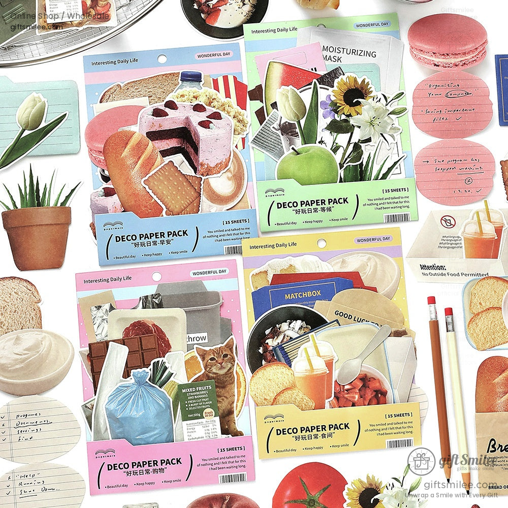 Assorted colorful food and packaging stickers including popcorn pink macaron fresh beef bread and fruit designs