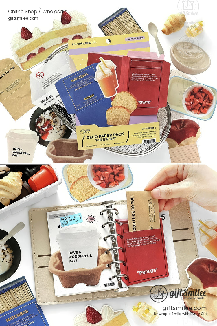 Assorted stationery set with red blue and yellow paper packs dessertshaped stickers and a kraft paper planner insert