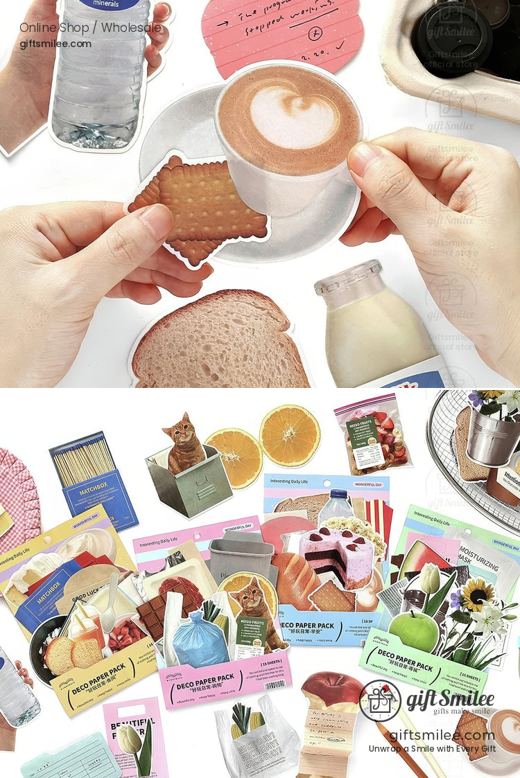 Assorted colorful paper stickers featuring food items beverages flowers and everyday objects in a playful design