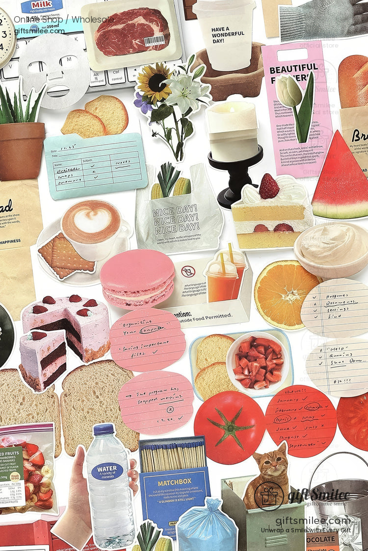 Collage of colorful food and objects including desserts fruits flowers a candle bread and a cat illustration