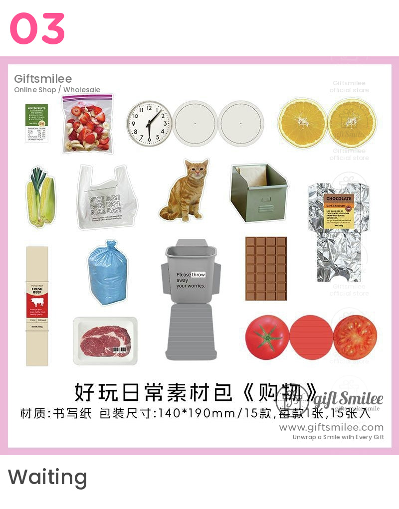 Assorted paper stickers of everyday items including fruits vegetables clock cat trash can and chocolate bar