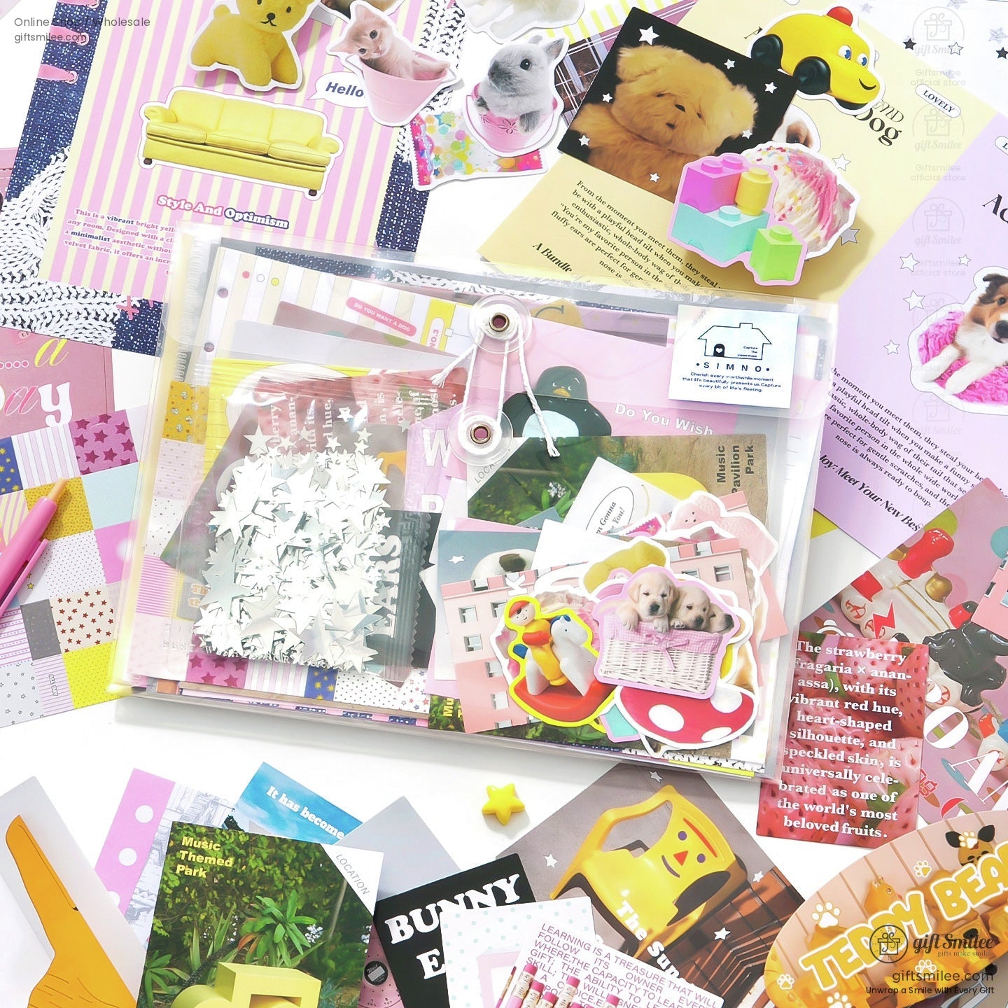 Colorful stationery set with pastel stickers decorative paper plastic pouch and playful animalthemed designs