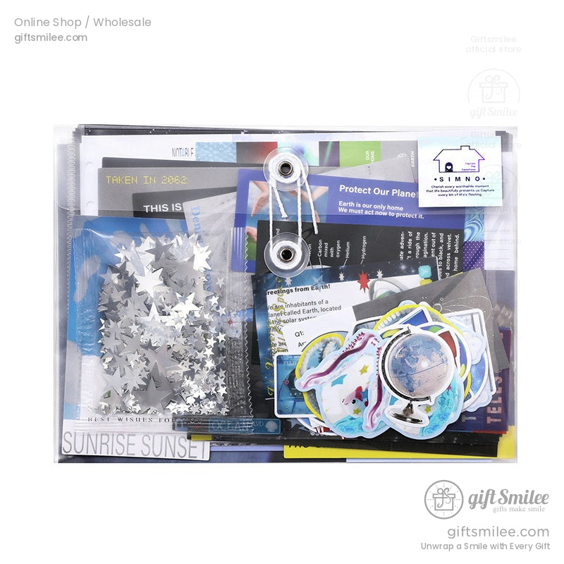 Transparent organizer with silver star confetti colorful stickers postcards and ecothemed printed cards
