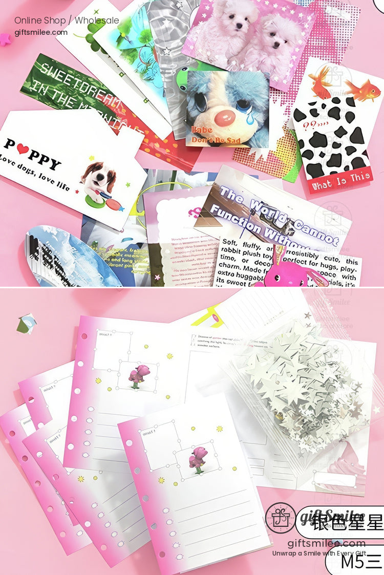 Assorted colorful stationery with pink floral notepads starshaped stickers postcards and decorative cards on a pink surface