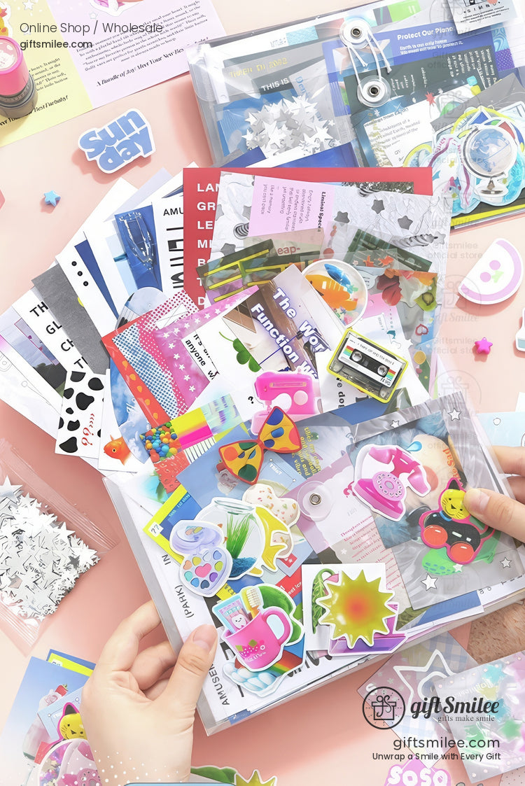 Colorful stationery set with stickers postcards retro designs transparent pouches and vibrant decorative accents